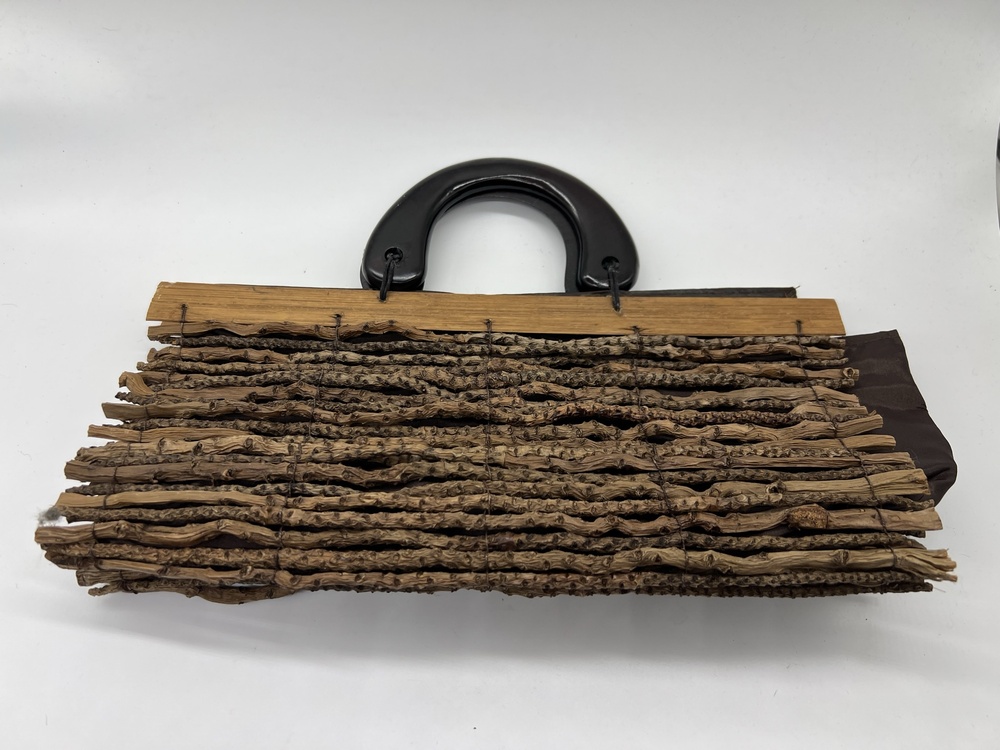 Wicker Top Handle Bag Womens Medium Brown Wood Woven Lined Rustic Boho Purse